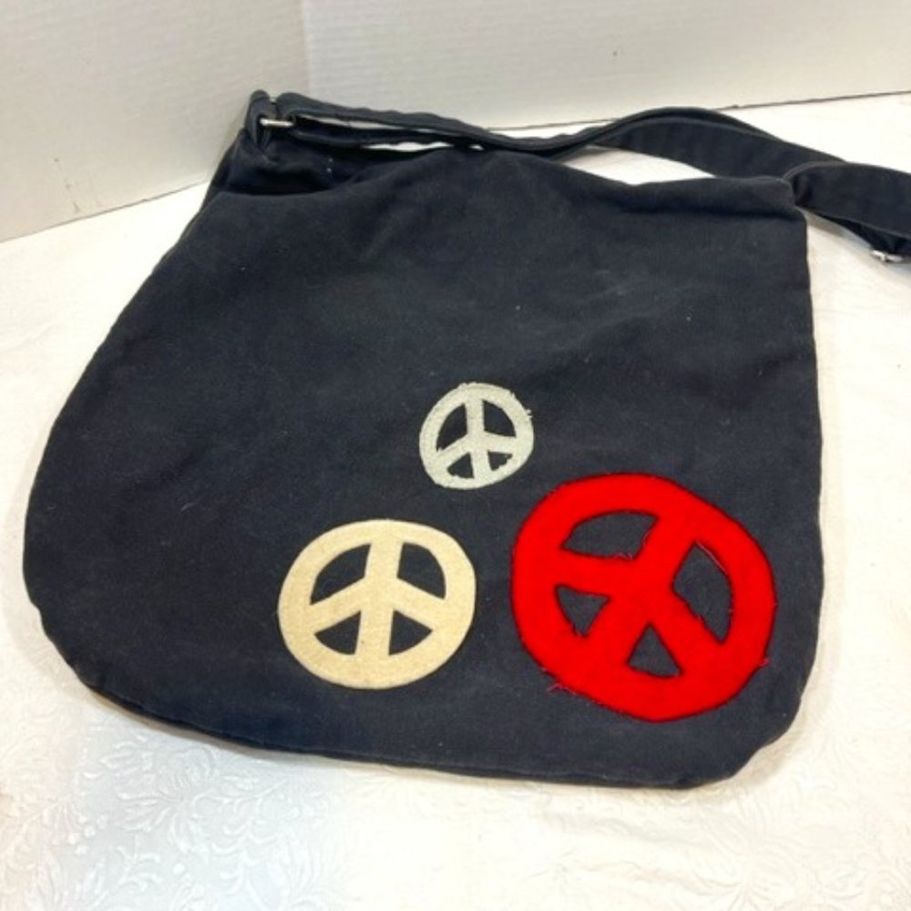 Black Cotton Canvas PEACE Hobo Zip Adjustable Shoulder Bag 16x15"
